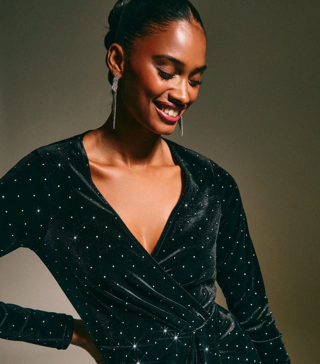 New Look Women's Black Velvet Diamante Embellished Wrap Midi Dress New Look - 3