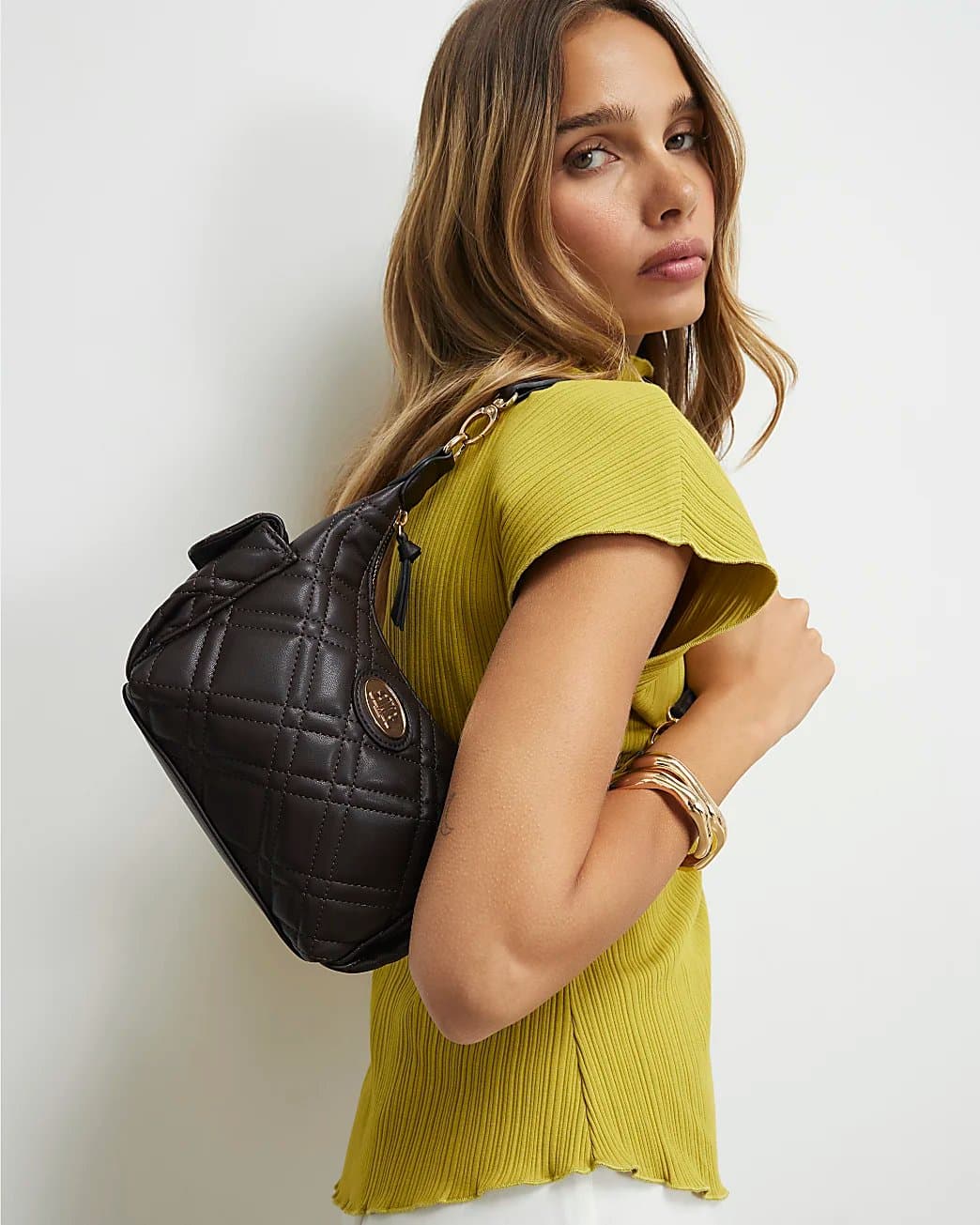 River Island River Island Womens Brown Quilted Utility Crossbody Bag