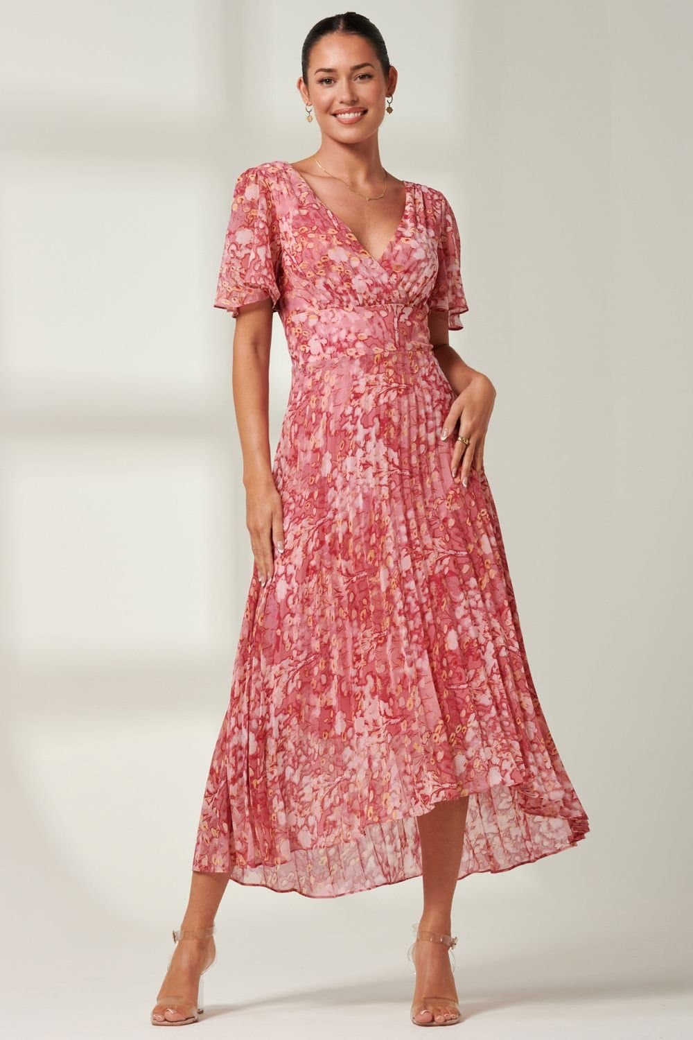 Jolie Moi Jolie Moi Women's Olenna Angel Sleeve Pleated Chiffon Maxi in Red