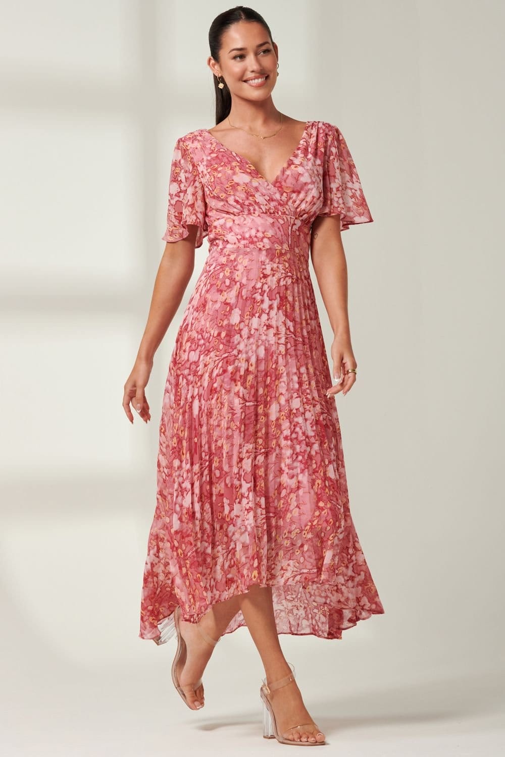 Jolie Moi Jolie Moi Women's Olenna Angel Sleeve Pleated Chiffon Maxi in Red - 4