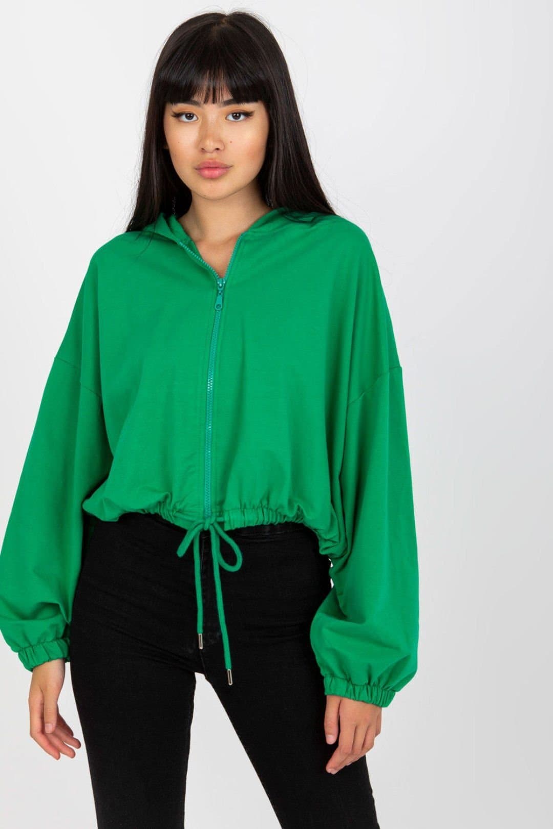 Love Lace Love Lace Women's Zip Hooded Short Sweatshirt Tie Hem Long Sleeves in Green