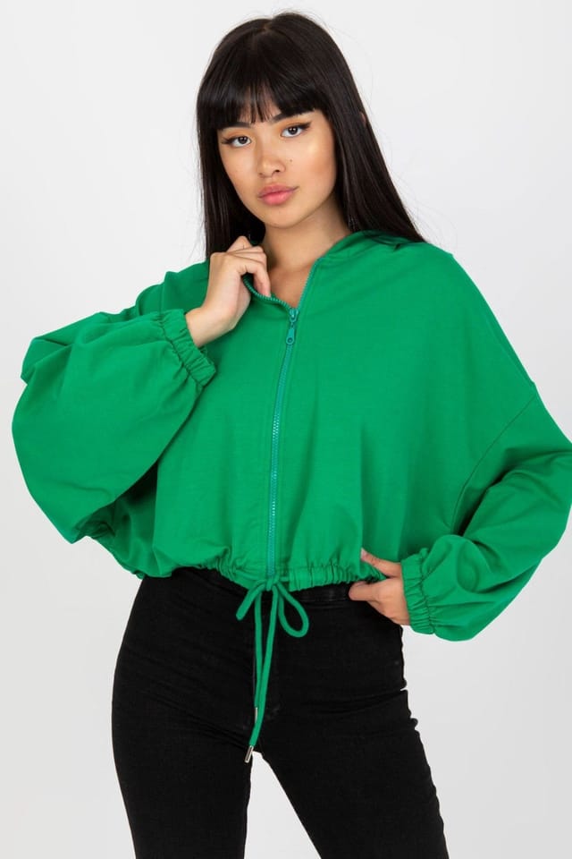 Love Lace Love Lace Women's Zip Hooded Short Sweatshirt Tie Hem Long Sleeves in Green - 2