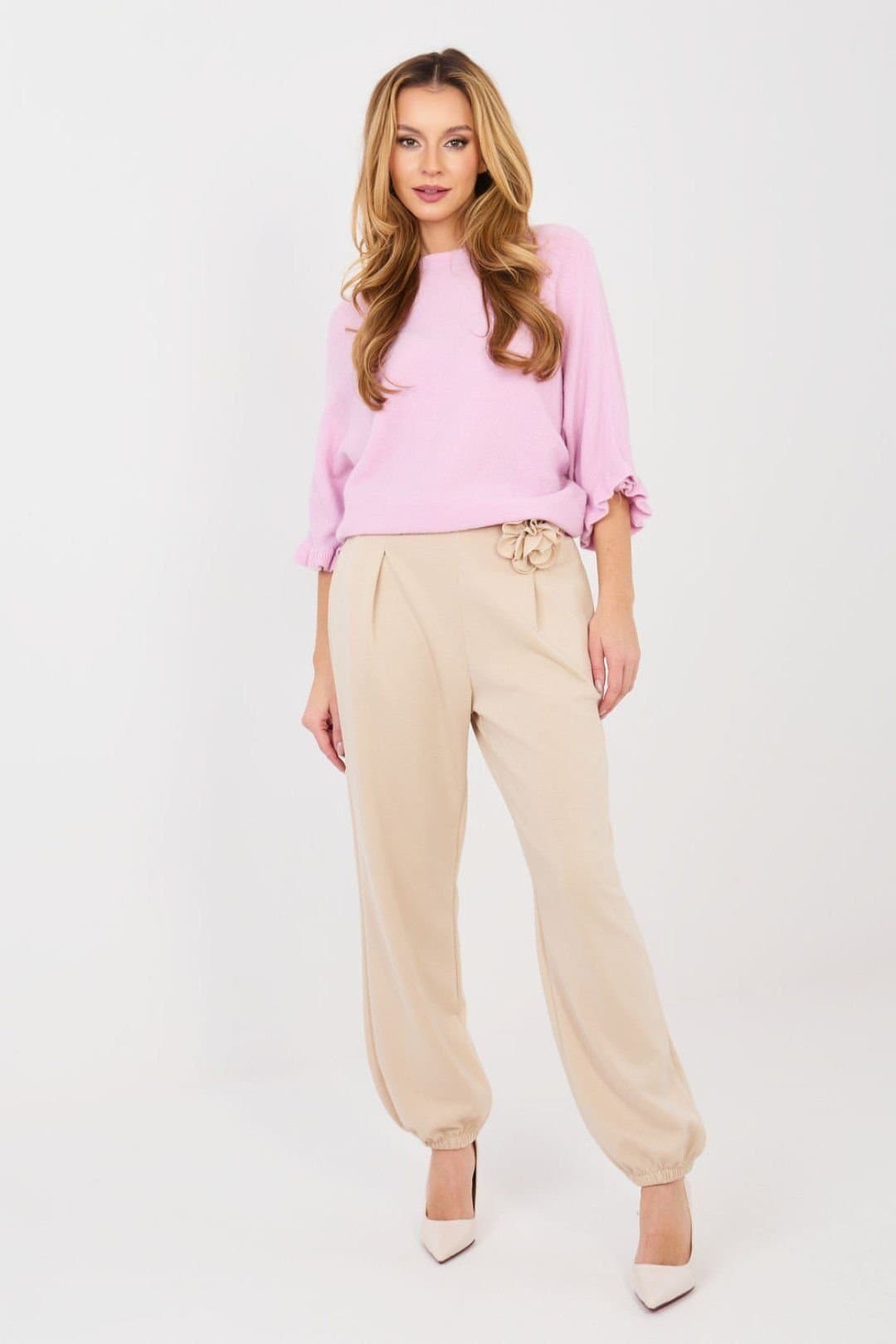 Love Lace Love Lace Women's Elegant Butter Soft Jogger Trousers with Brooch Style 224395 in Beige