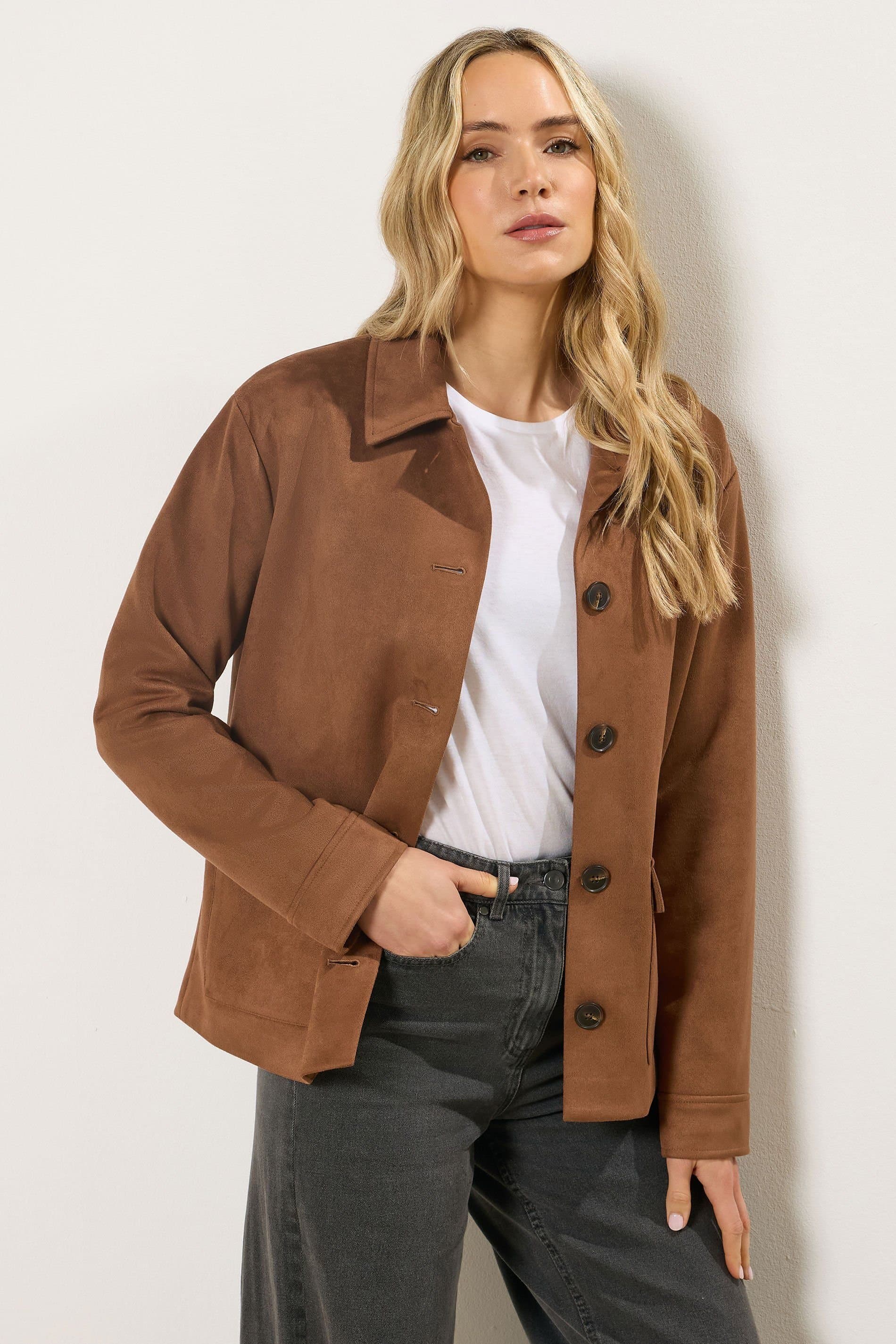 Long Tall Sally Long Tall Sally Women's Tall Faux Suede Trucker Jacket in Brown