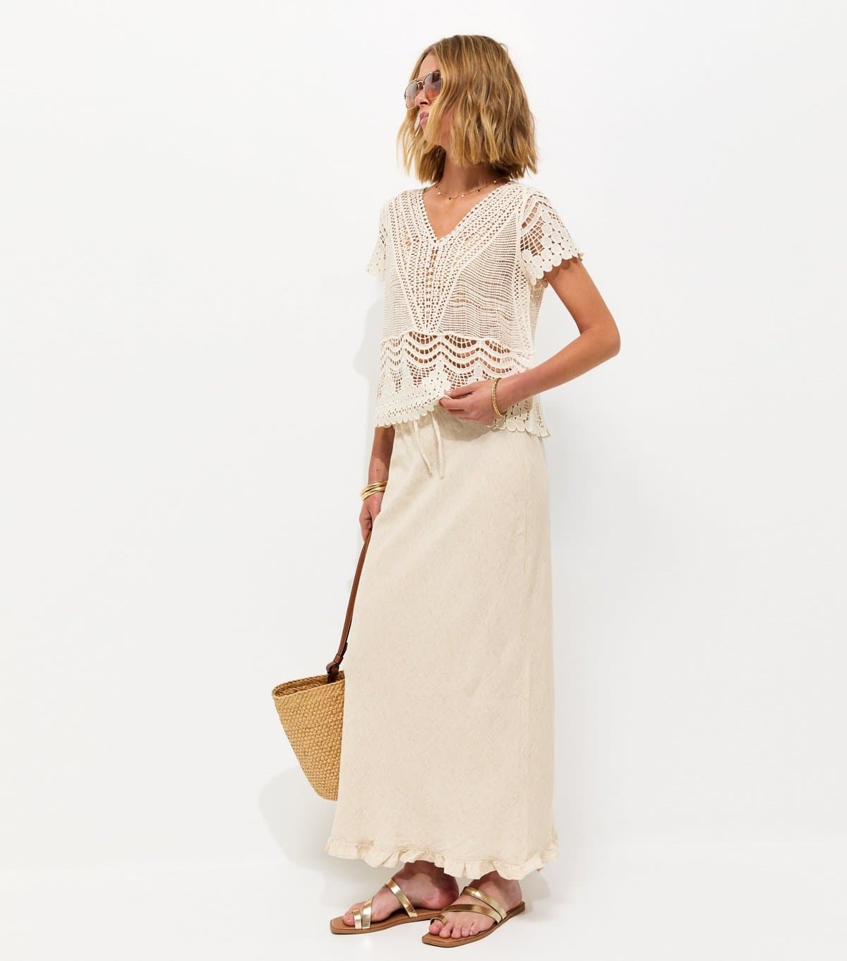 New Look Women's Stone with Linen Ruffle Hem Midi Skirt New Look