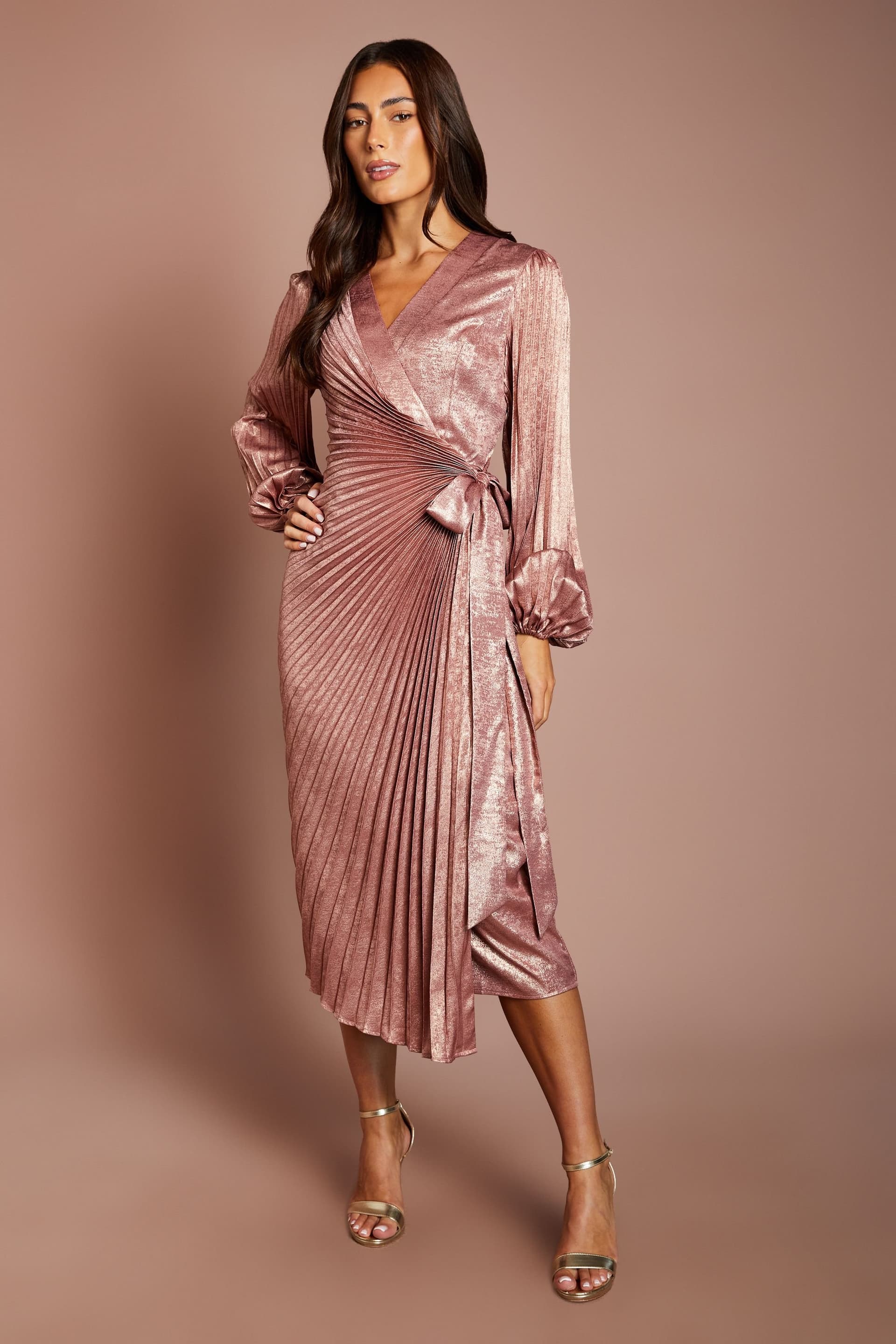 Coast Coast Women's Metallic Blouson Sleeve Tie Wrap Pleated Midi Dress in Blush