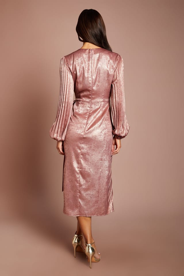 Coast Coast Women's Metallic Blouson Sleeve Tie Wrap Pleated Midi Dress in Blush - 3