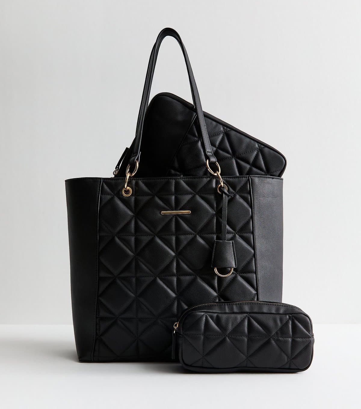 New Look Black Faux Leather Diamond Quilted Tote Bag and Accessories Trio Vegan New Look