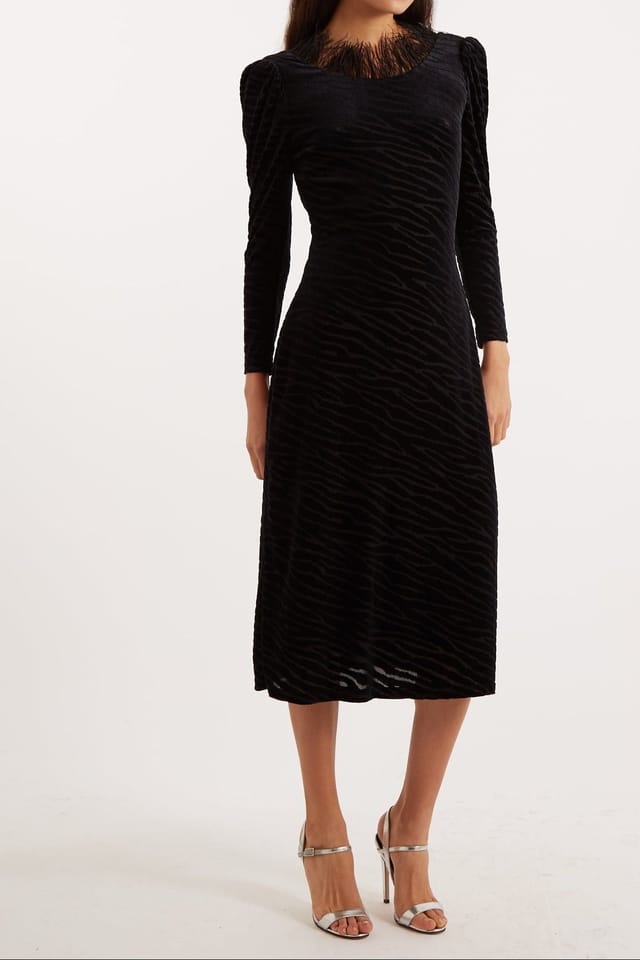 Louche Louche Women's Krystel Zebra Devore Feather Trim Midi Dress Black - 2