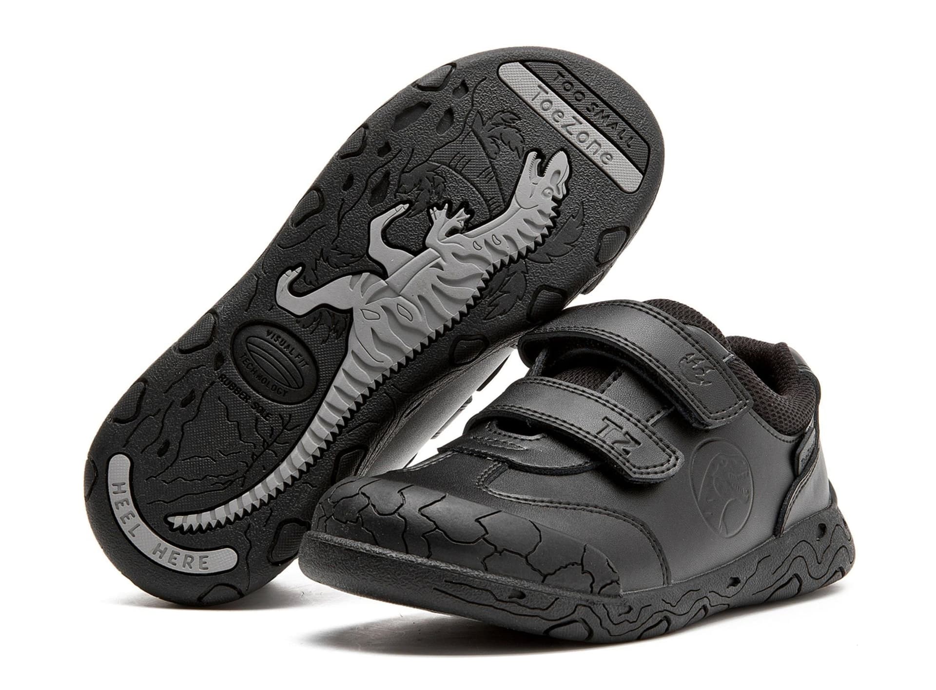 ToeZone ToeZone Men's Caleb Rubber Rip Tape Black Dinosaur School Shoes