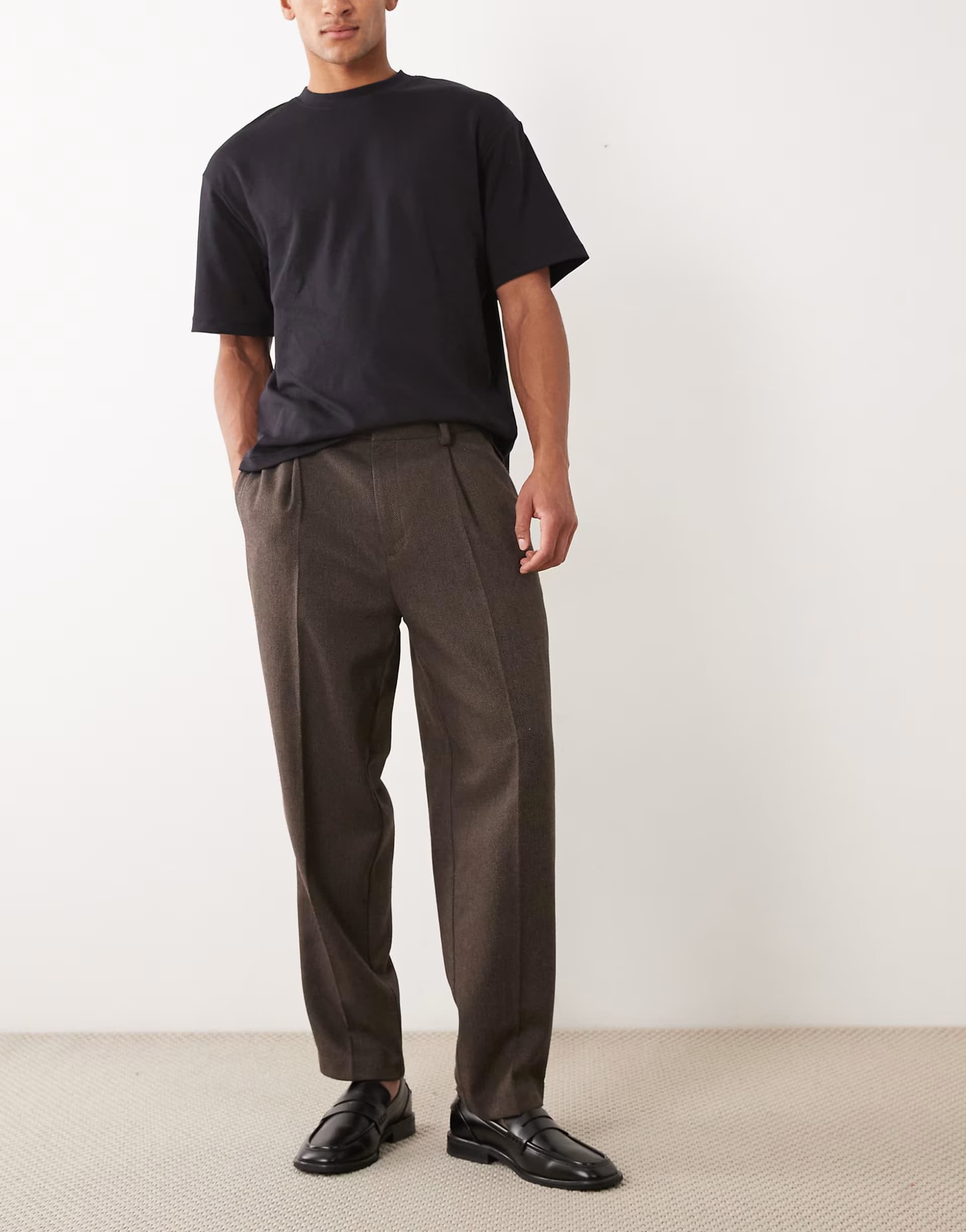 ASOS ASOS DESIGN smart oversized tapered trousers with wool in brown herringbone