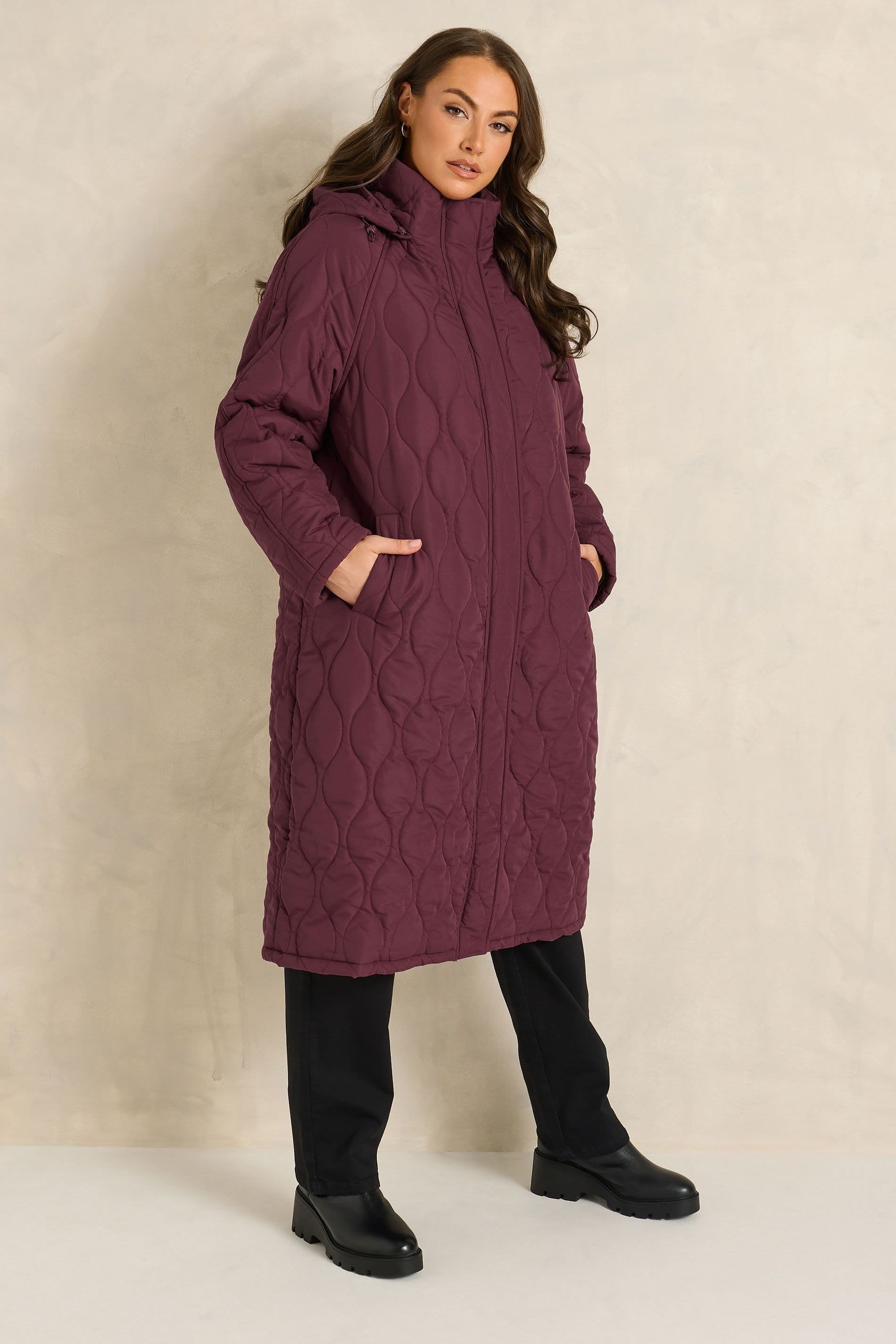 Evans Evans Women's Quilted Longline Coat in Burgundy - 4