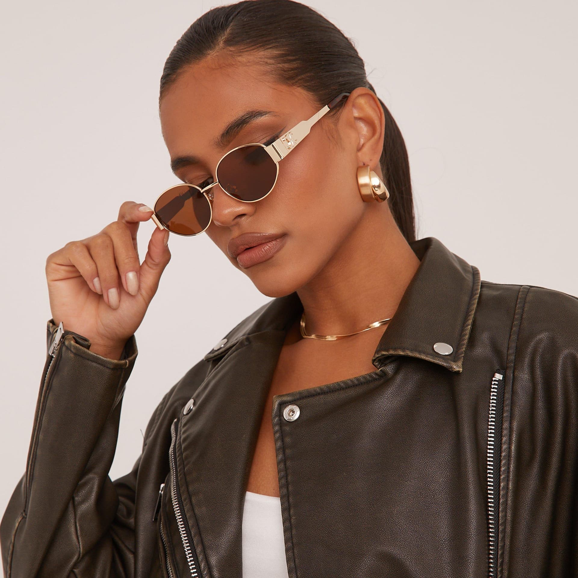 EGO Oval Cateye Shape Side Detail Brown Tinted Lense Metal Frame Sunglasses In Gold, Women's Size UK One Size