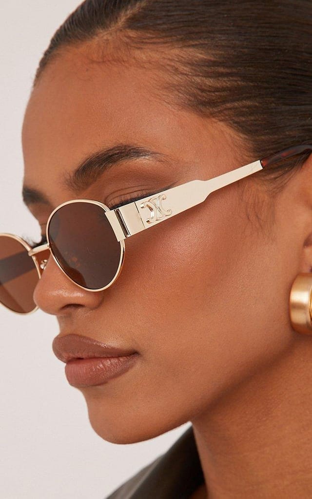 EGO Oval Cateye Shape Side Detail Brown Tinted Lense Metal Frame Sunglasses In Gold, Women's Size UK One Size - 2