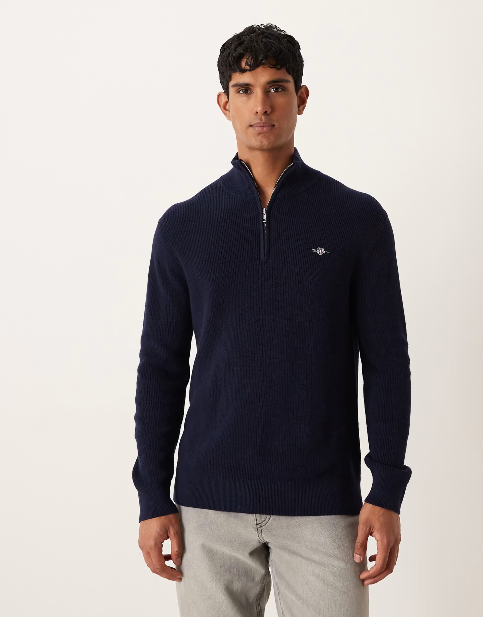 ASOS GANT merino cotton ribbed half zip knit jumper in navy