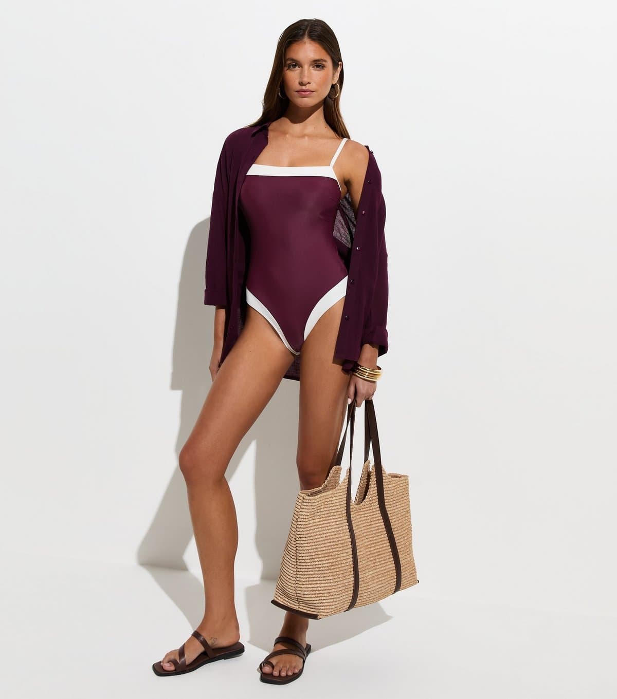 New Look Women's Dark Burgundy Contrast Trim Square Neck Swimsuit New Look