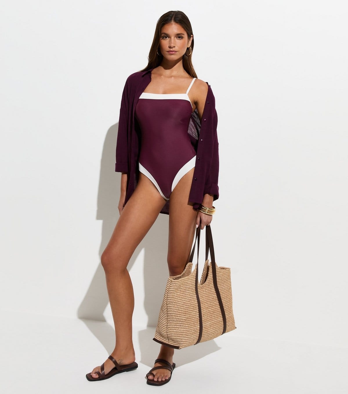 New Look Dark Burgundy Contrast Trim Square Neck Swimsuit