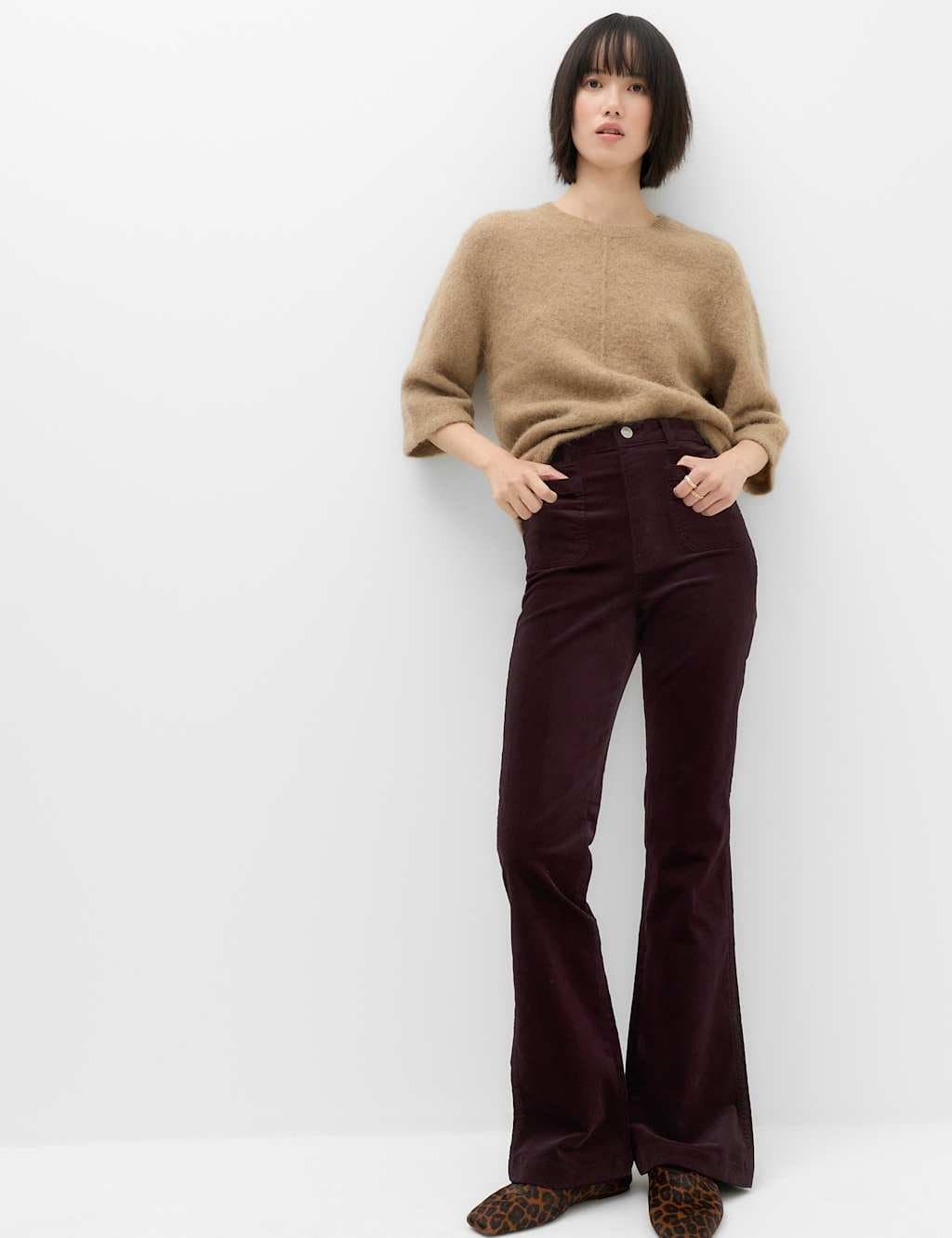 Marks & Spencer M&S High Waisted Flared Corduroy Trousers Dark Claret