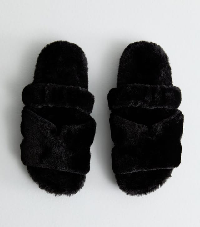 New Look Women's Black Double Strap Faux Fur Slippers Vegan New Look - 2