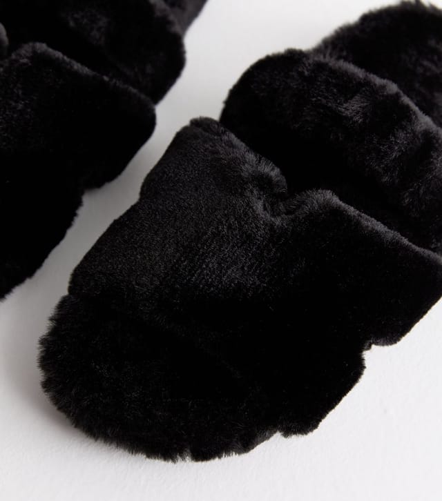 New Look Women's Black Double Strap Faux Fur Slippers Vegan New Look - 3