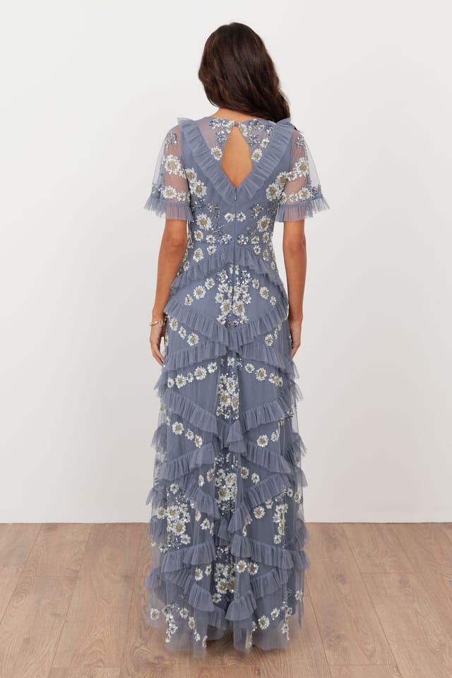 Maya Deluxe Maya Deluxe Women's Embellished Angel Sleeve Ruffle Maxi Dress in Mid Blue - 2