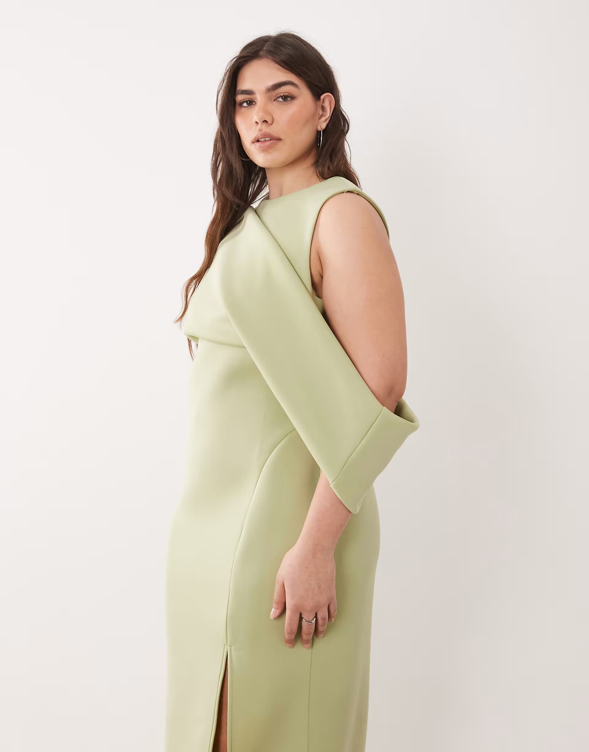 ASOS ASOS DESIGN Curve dropped cut out shoulder midi dress in scuba-style fabric in sage green