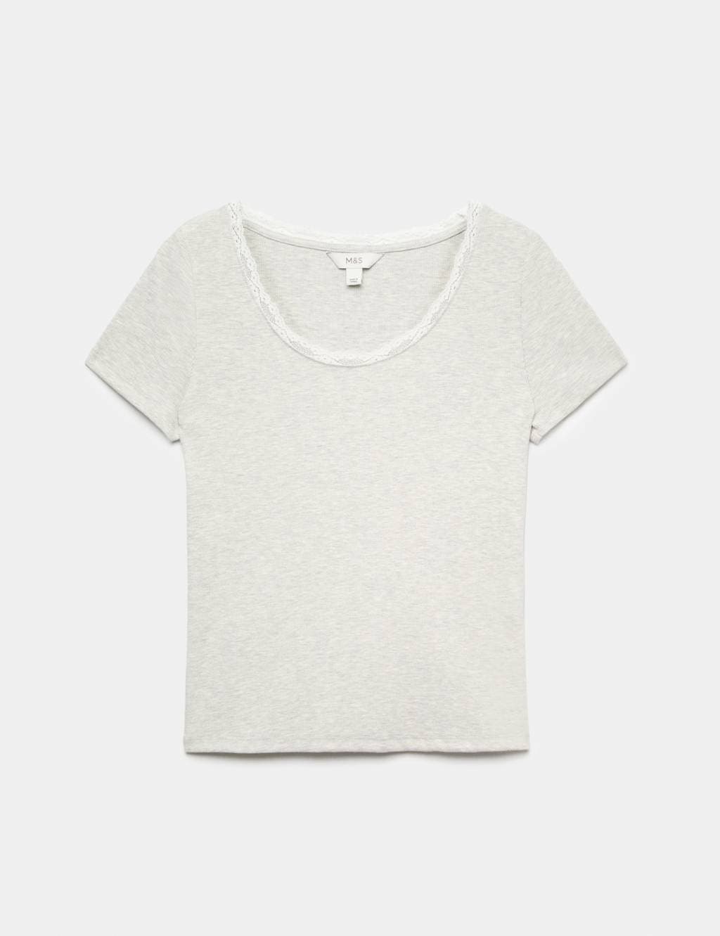 Marks & Spencer M&S Ribbed Lace Scoop Neck Short Sleeve Top Grey Marl