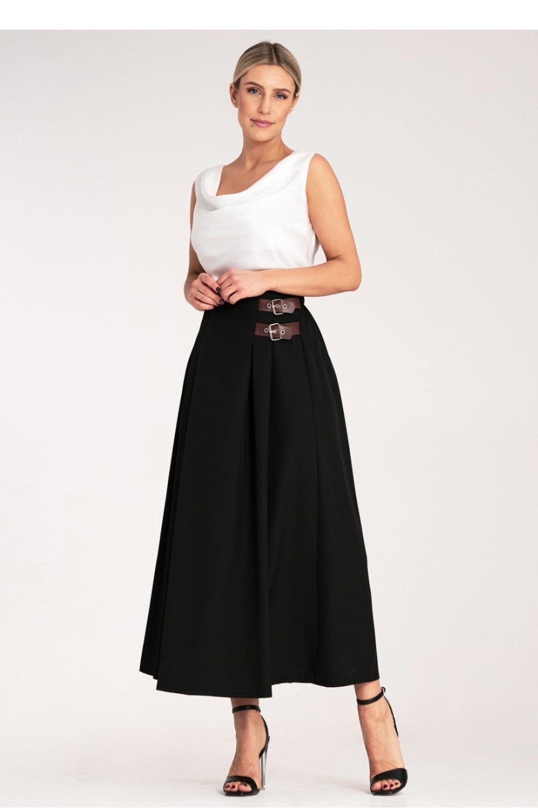 Love Lace Black Elegant Midi Pleated Skirt with Side Buckles