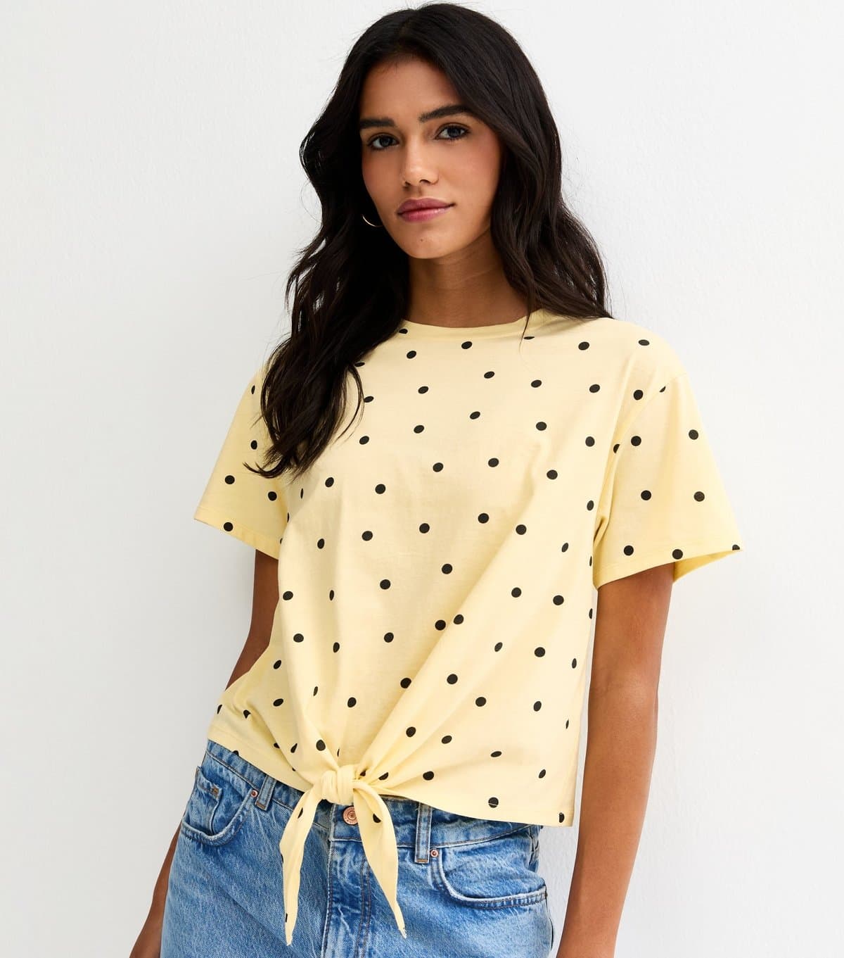 New Look Women's Yellow Polka Dot Tie Front Top New Look