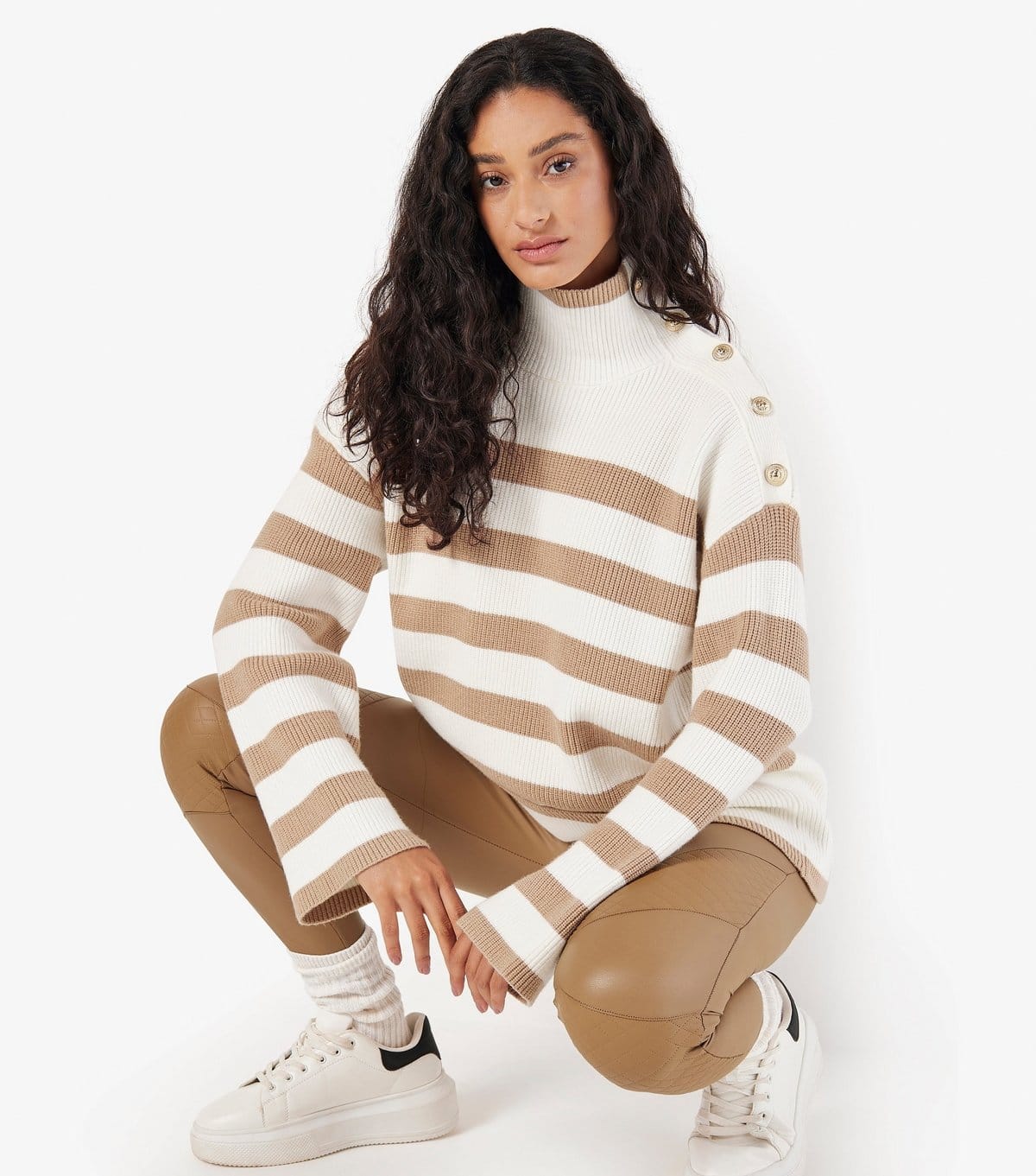 Apricot Women's Stone Stripe Button Shoulder Jumper Apricot New Look - 4