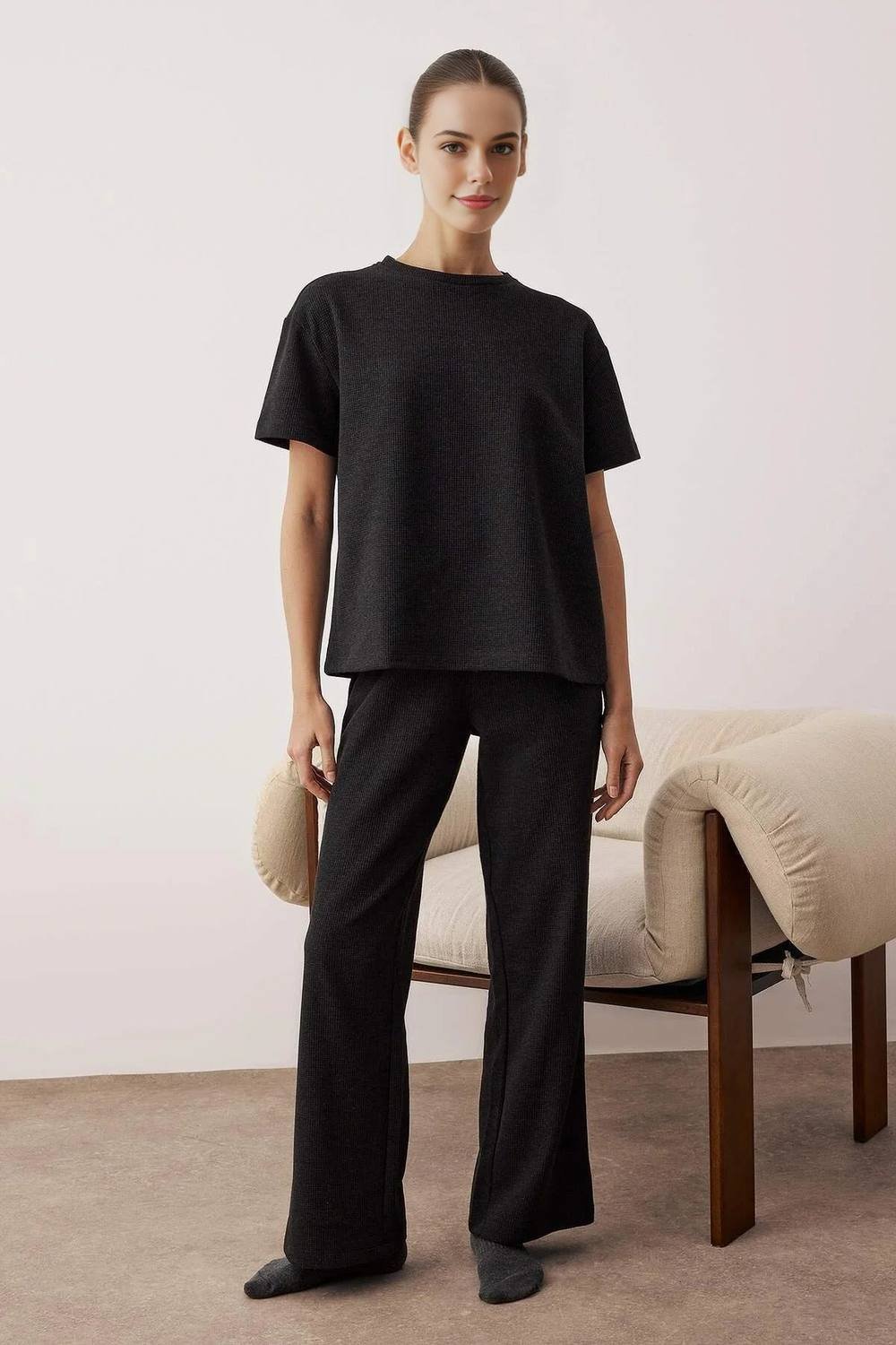 WOVCOR WOVCOR Women's 2-Piece Waffle Textured Knit Pajama Set with Waist Tie Detail in Dark Grey - 4