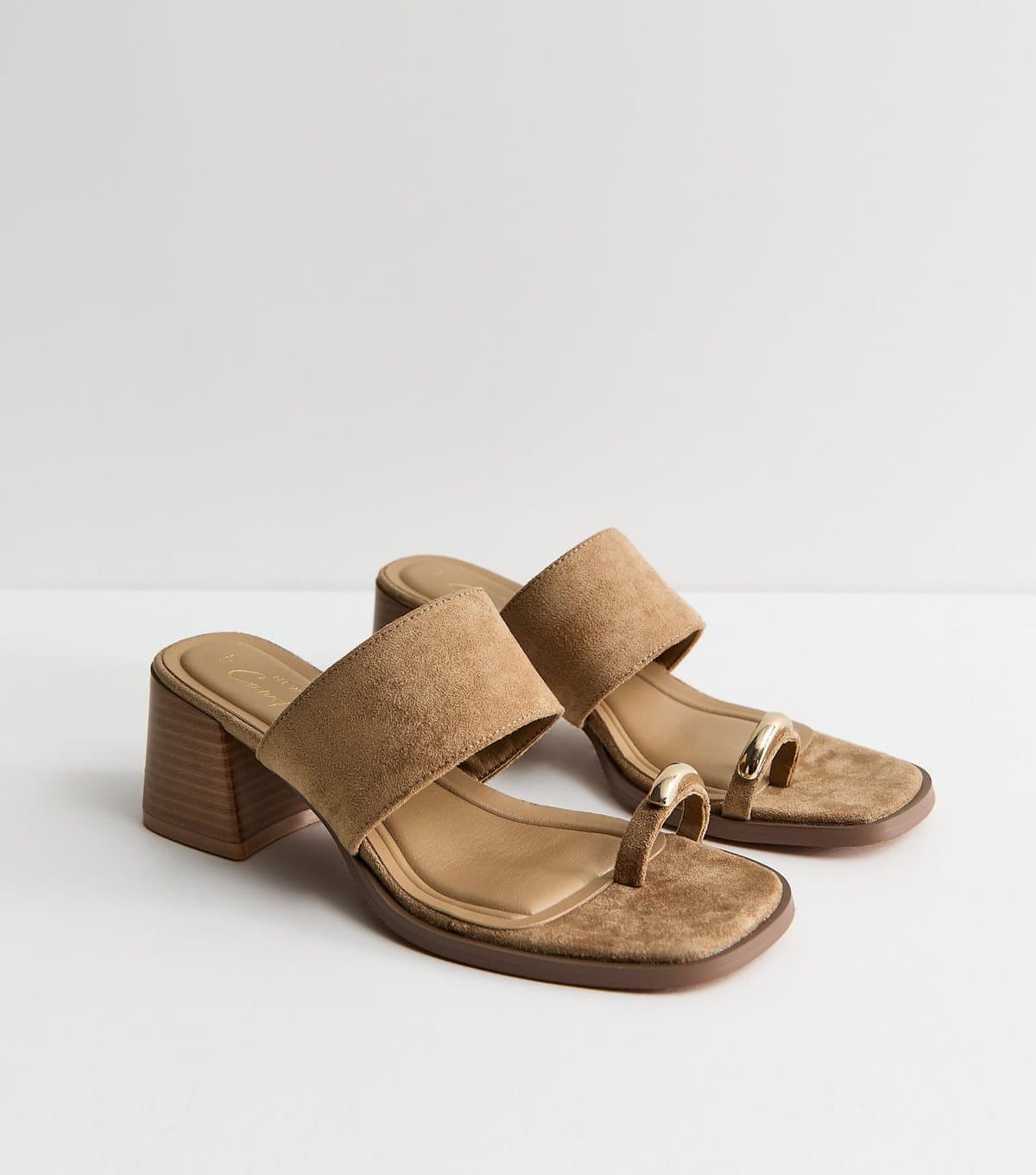 New Look Women's Light Brown Faux Suede Metal Toe Loop Block Heel Mules Vegan New Look