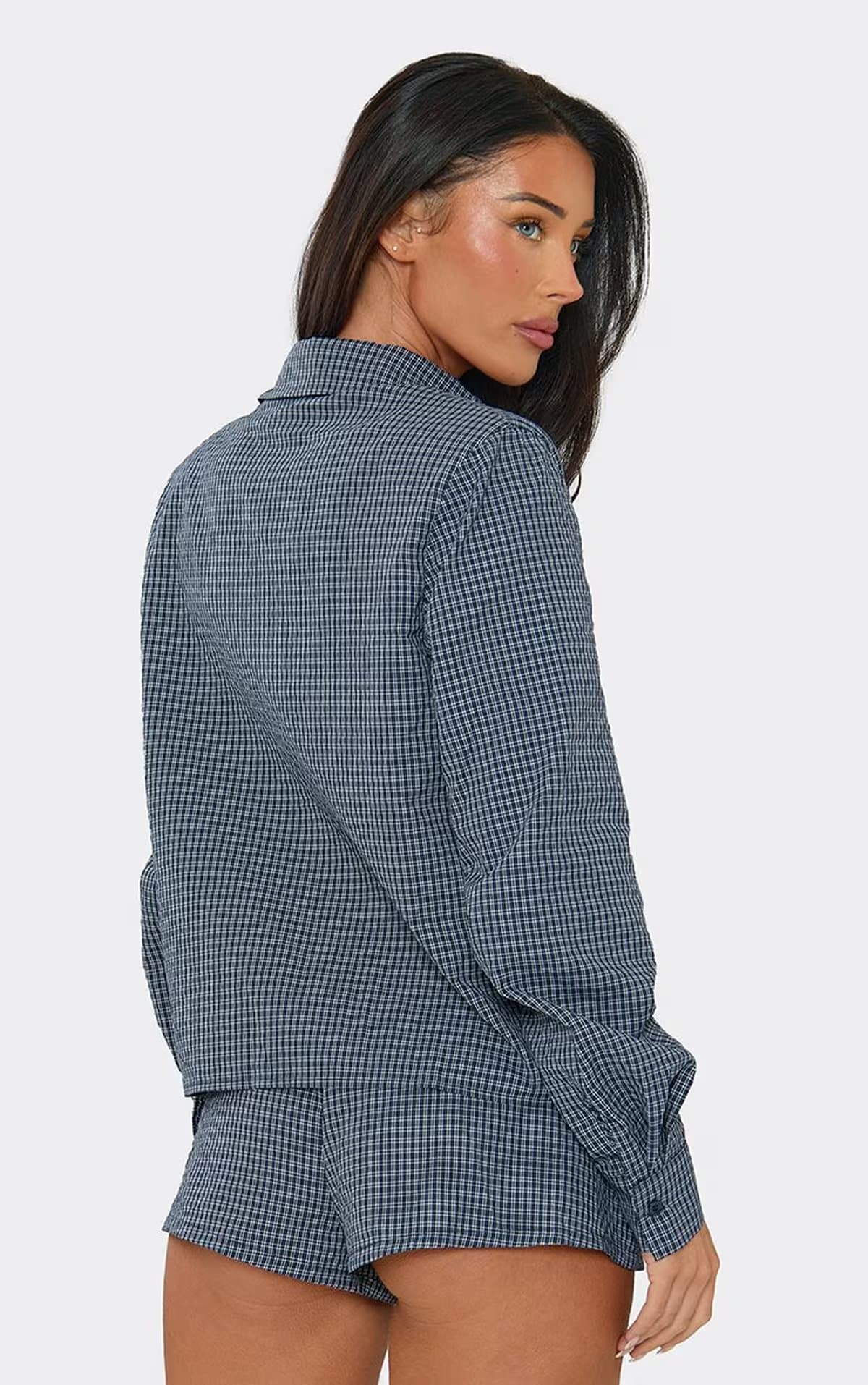 EGO Long Sleeve Collared Shirt In Navy Check Print, Women's Size UK 6