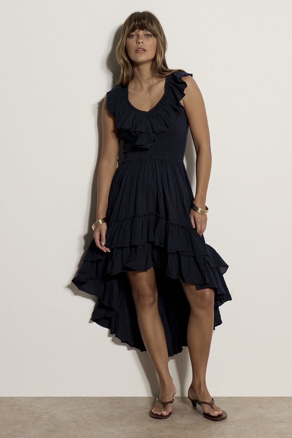 Apricot Apricot Women's Cotton High-Low Ruffle Midi Dress in Navy