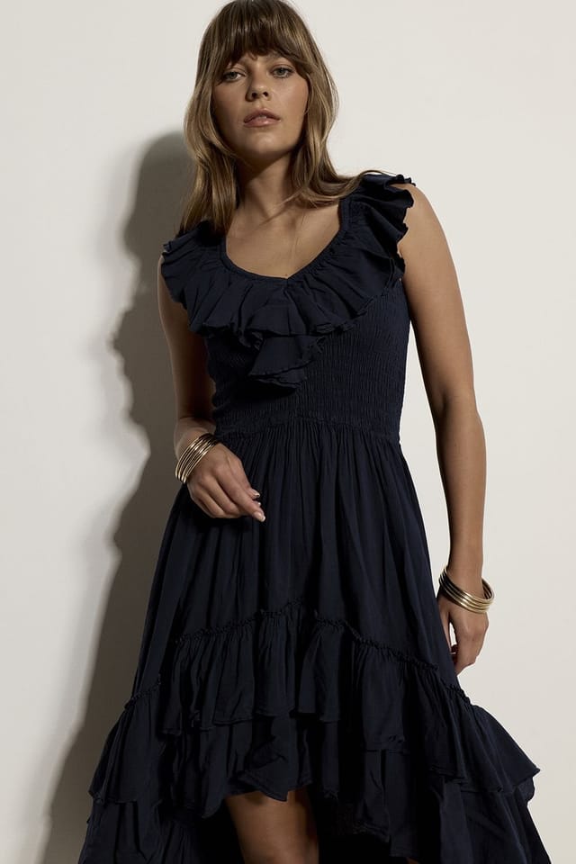 Apricot Apricot Women's Cotton High-Low Ruffle Midi Dress in Navy - 2
