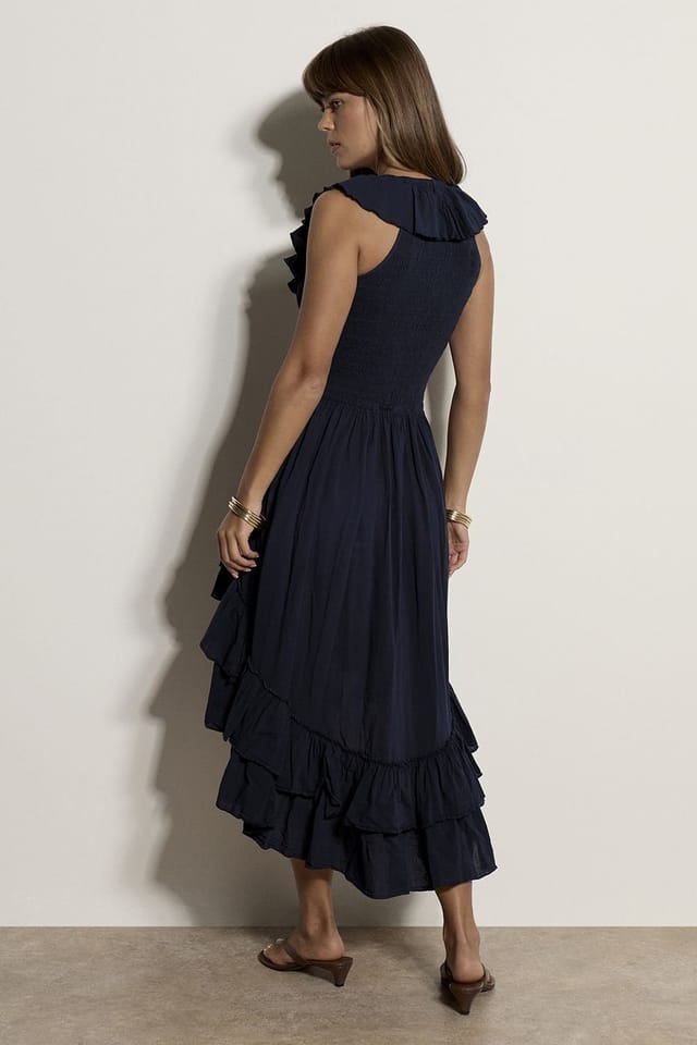 Apricot Apricot Women's Cotton High-Low Ruffle Midi Dress in Navy - 3