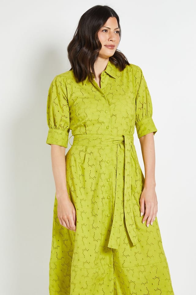 Wallis Wallis Women's Summer Broderie Shirt Dress in Chartreuse - 2