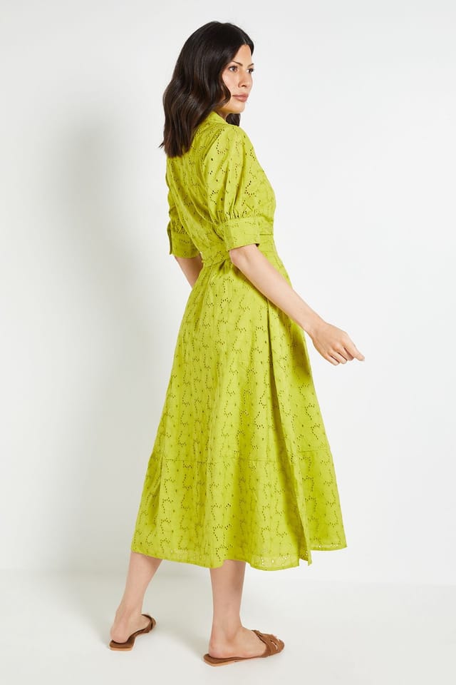 Wallis Wallis Women's Summer Broderie Shirt Dress in Chartreuse - 3