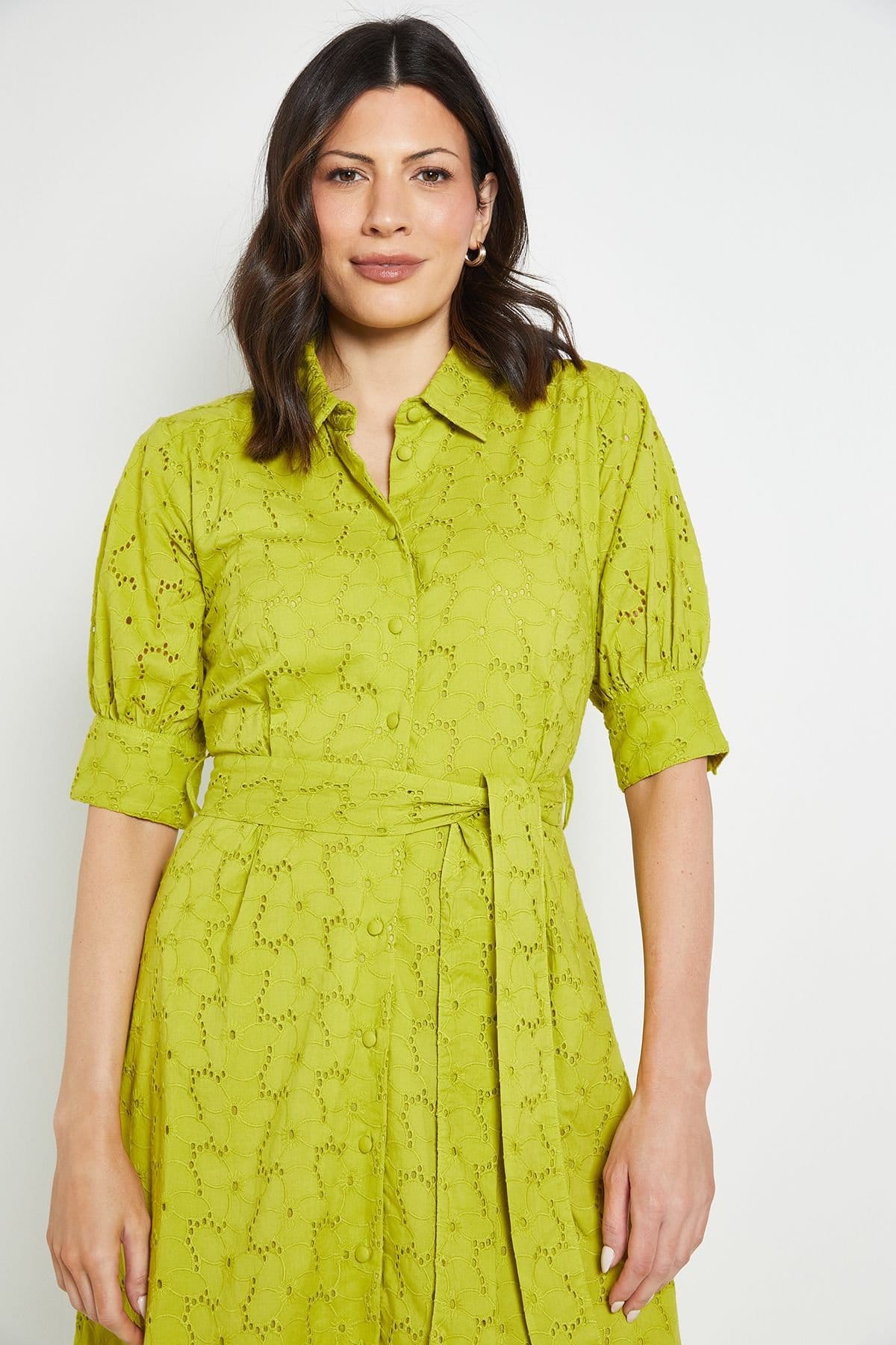 Wallis Wallis Women's Summer Broderie Shirt Dress in Chartreuse - 4