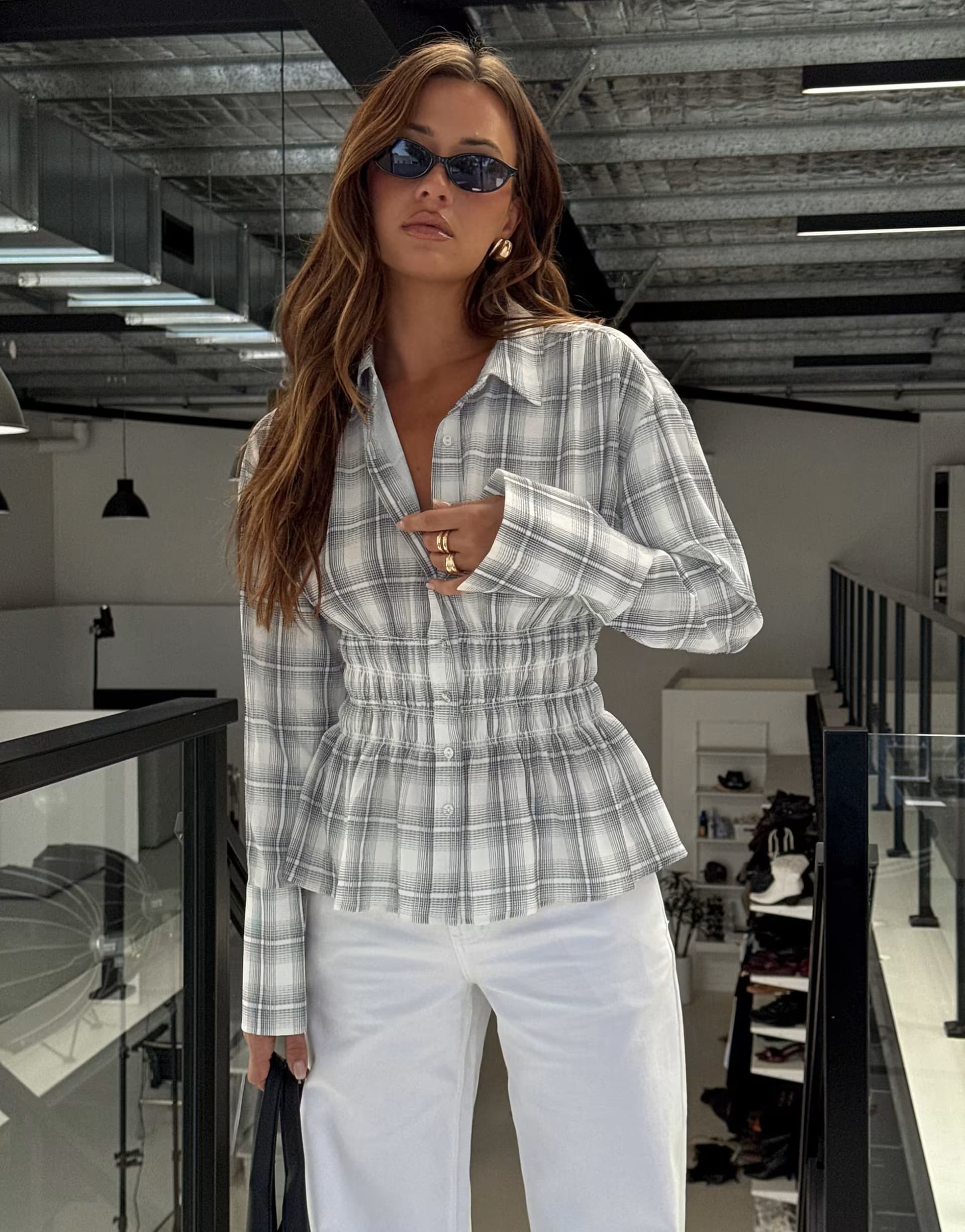 ASOS ASOS Black Check Shirred Waist Button-Up Shirt