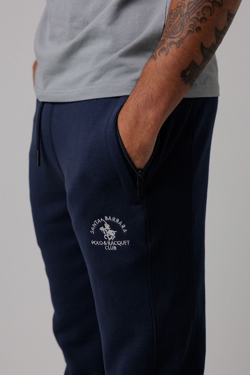 Santa Barbara Polo & Racquet Club Santa Barbara Polo & Racquet Club Men's Cotton Rich Joggers with Ribbed Side Panels & Drawstring Waist in Navy - 4