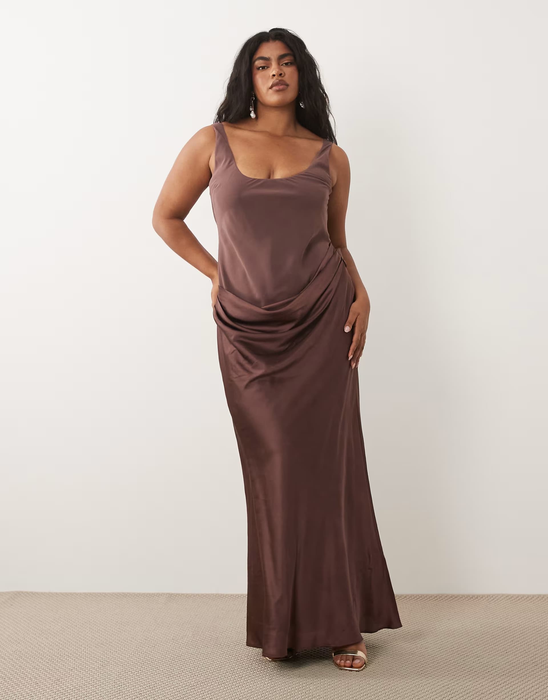 ASOS ASOS DESIGN Curve deep scoop neck maxi dress with asymmetric draped skirt overlay in chocolate