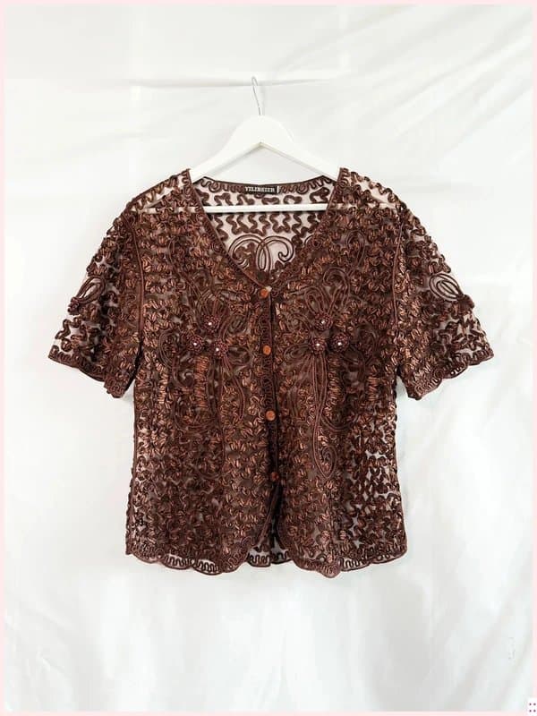 Vintage Dressing Unique Brown embellished sheer mesh beaded cardigan top size L