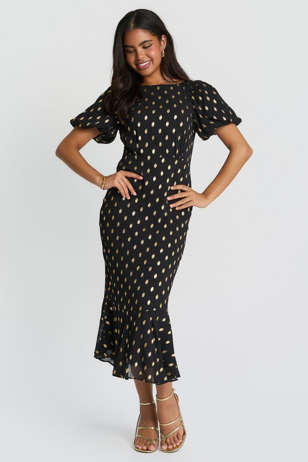 Needs No Label Needs No Label Women's Black Chiffon Foil Puff Sleeve Midi Dress