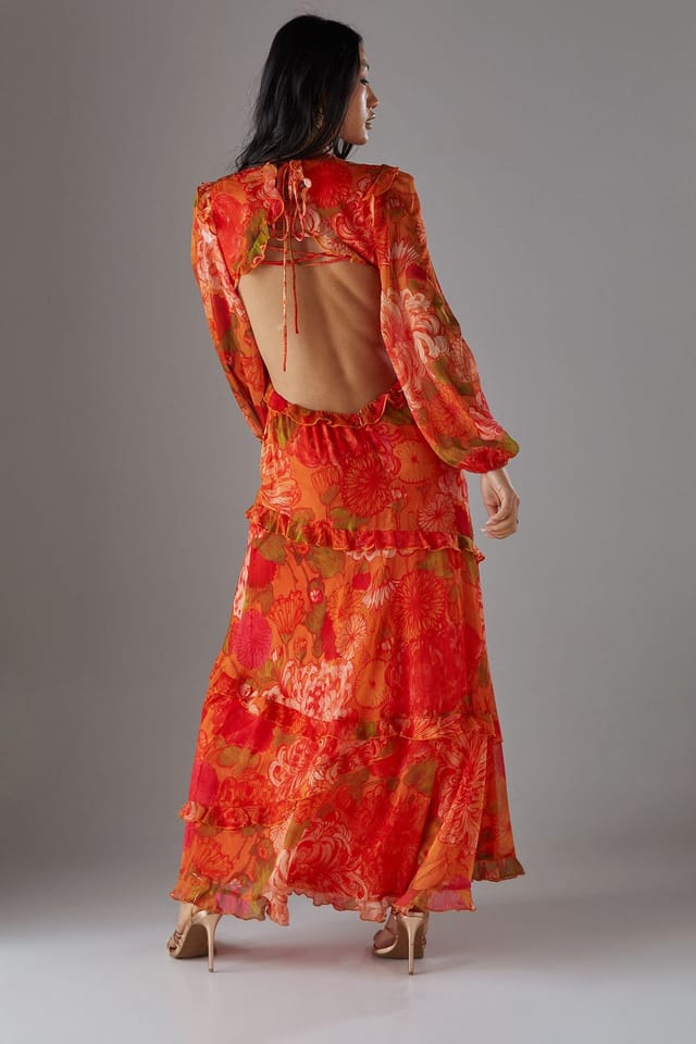 Warehouse Warehouse Women's Petite Chiffon Cut Out Waist Ruffe Maxi Dress in Floral - 2