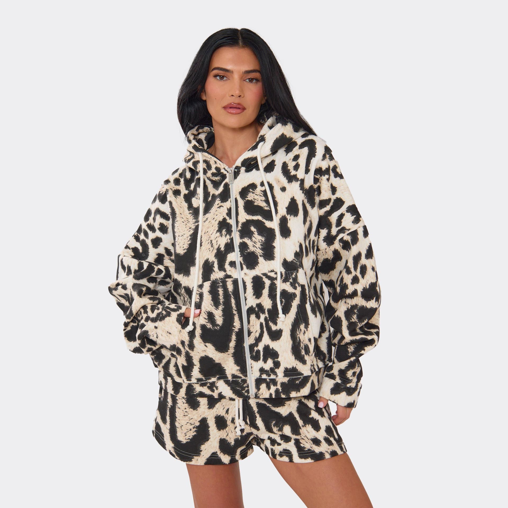EGO Long Sleeve Oversized Zip Up Hoodie In Leopard Print, Women's Size UK 6