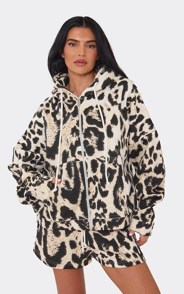 EGO Long Sleeve Oversized Zip Up Hoodie In Leopard Print, Women's Size UK 6 - 2
