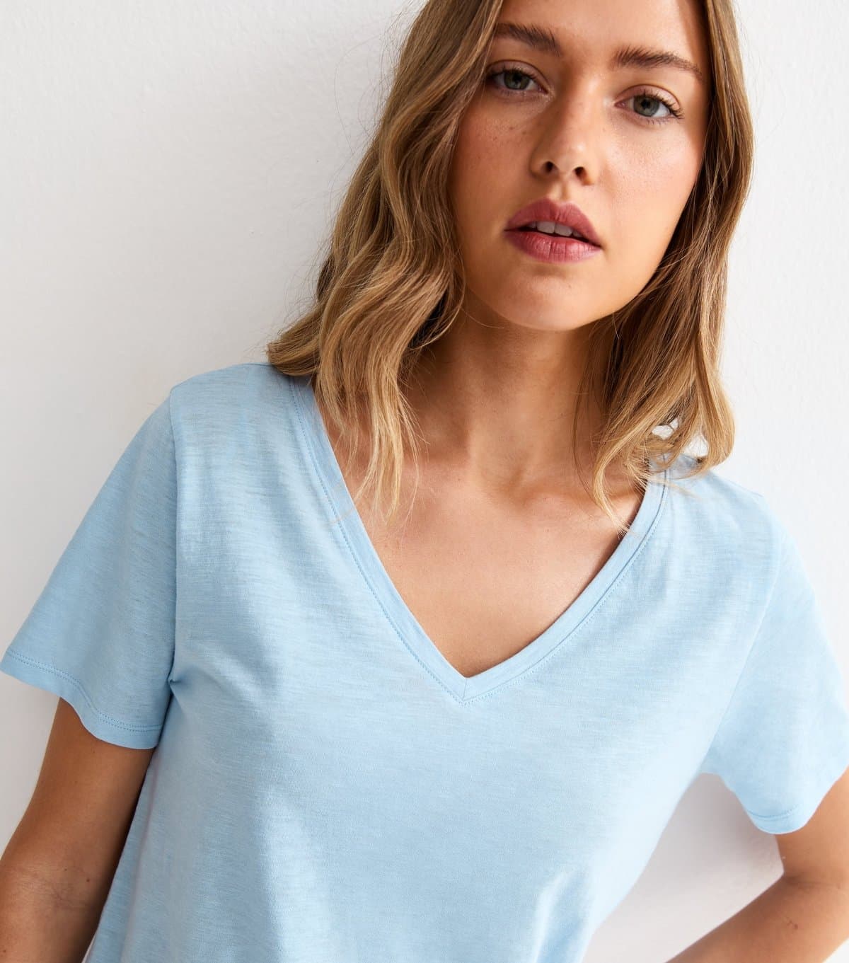 New Look New Look Light Blue Cotton V-Neck T-Shirt