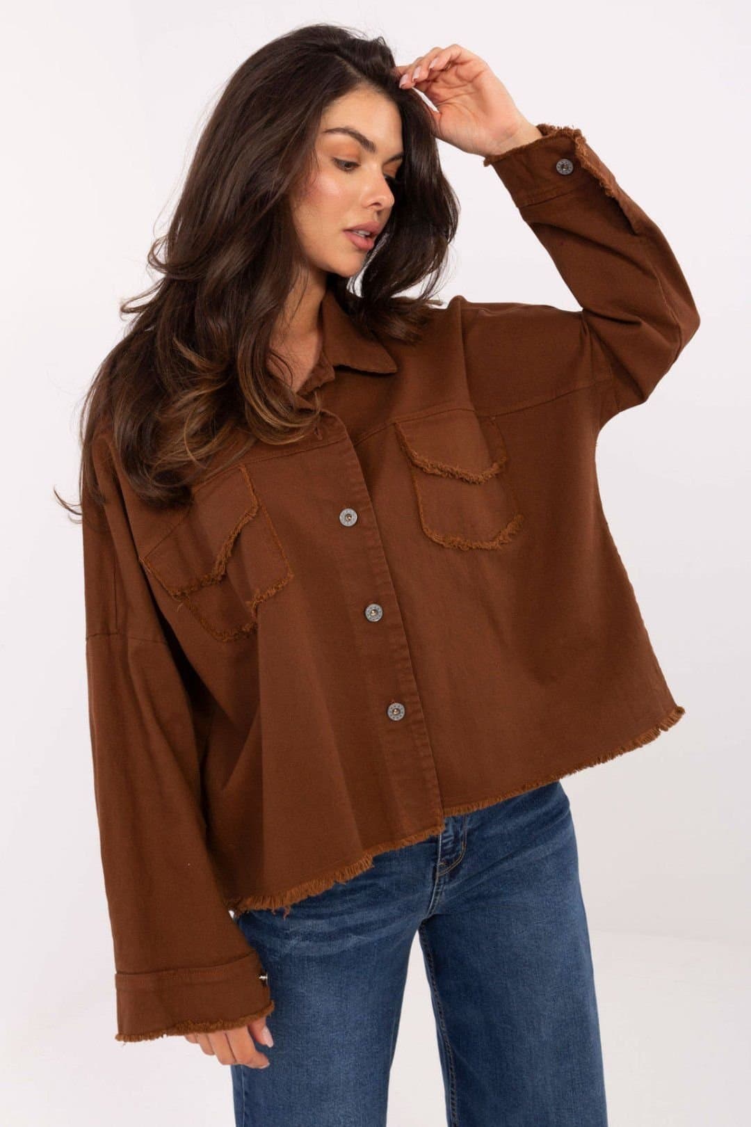 Love Lace Love Lace Women's Cotton Denim Long Sleeve Shirt with Chest Pockets in Brown