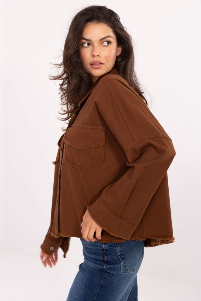 Love Lace Love Lace Women's Cotton Denim Long Sleeve Shirt with Chest Pockets in Brown - 2